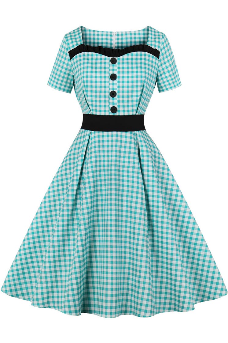 Gingham Square Collar Button Retro Dress - Mislish