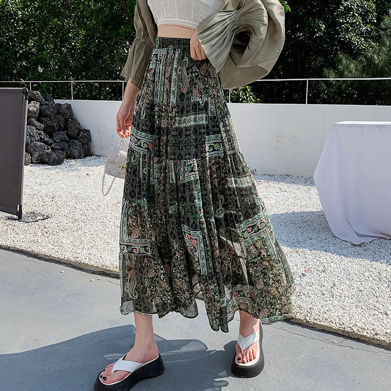 Kawaii Chiffon Splice Floral Tea Break Skirt