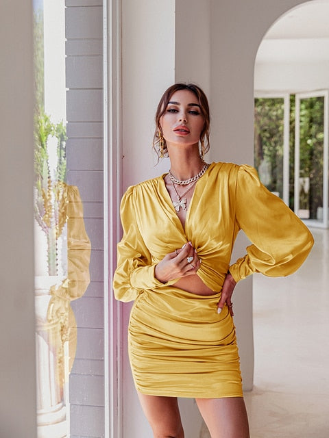 Satin V-Neck Lantern Sleeve Cutout Bodycon Mini Dress 20