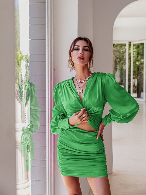 Satin V-Neck Lantern Sleeve Cutout Bodycon Mini Dress 18