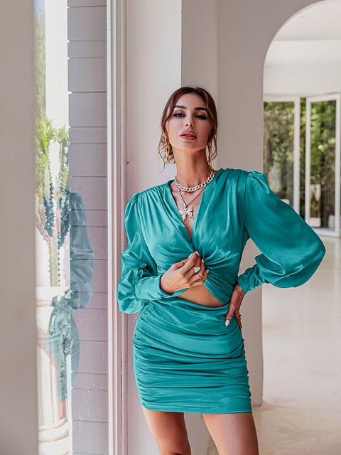 Satin V-Neck Lantern Sleeve Cutout Bodycon Mini Dress 19