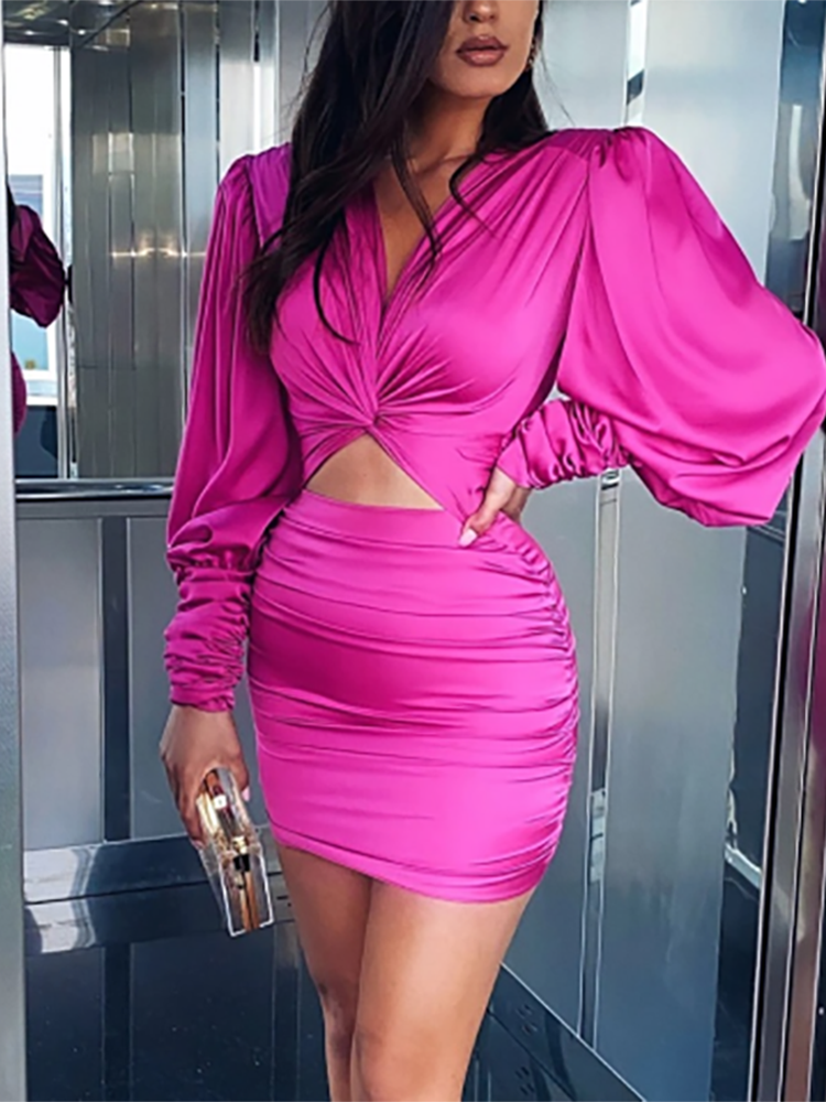Satin V-Neck Lantern Sleeve Cutout Bodycon Mini Dress 10