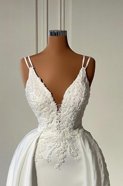 Glamorous Long Ivory A-line V-neck Sleeveless Lacy Wedding Dress - Fashionpara