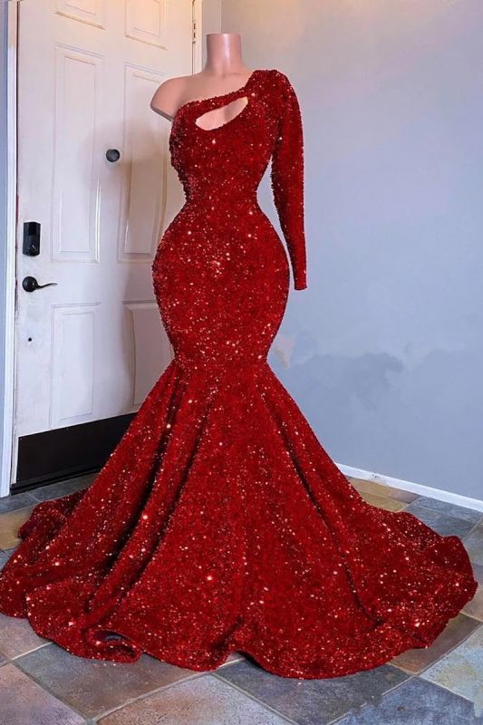 Glamorous Red Long Sleeves One-Shoulder Mermaid Prom Evening Dresses Sequins