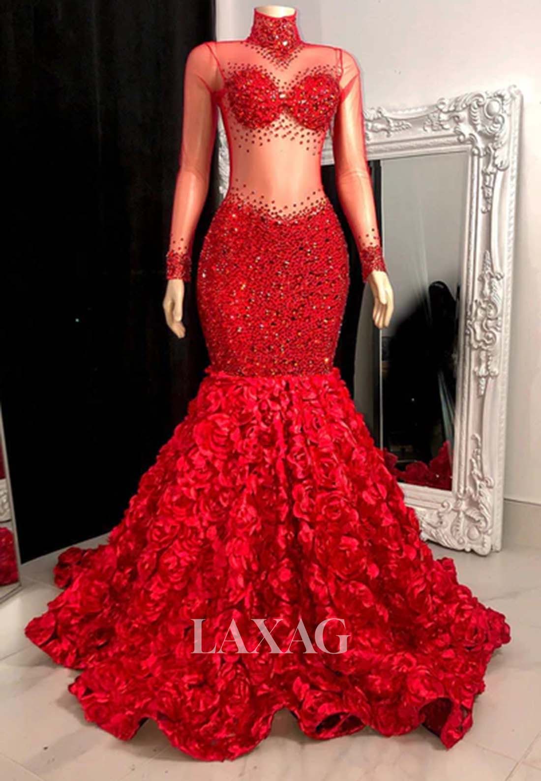 High-Neck Long Sleeves Beaded Sequined illusion Appliques Mermaid Prom Dress for Black Girl Slay