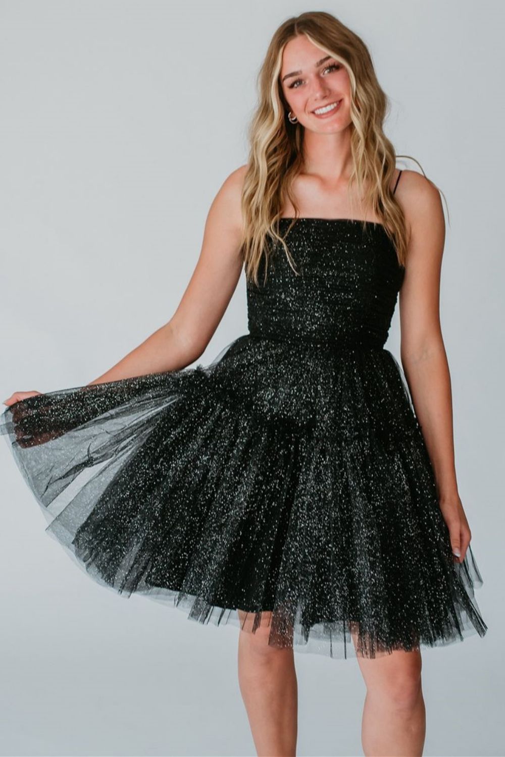 Glitter Black A-Line Spaghetti Straps Lace Up Short Tulle Homecoming Dress - Fashionpara