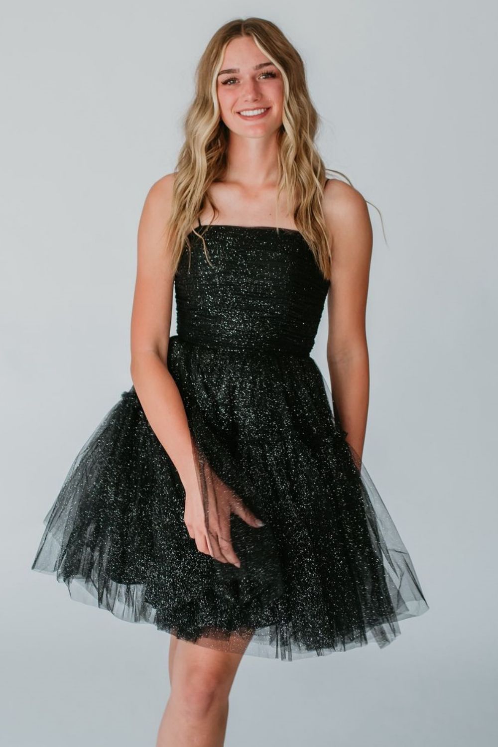 Glitter Black A-Line Spaghetti Straps Lace Up Short Tulle Homecoming Dress - Fashionpara