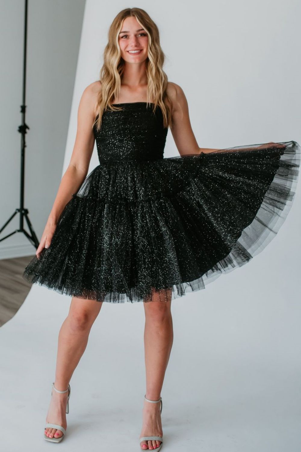 Glitter Black A-Line Spaghetti Straps Lace Up Short Tulle Homecoming Dress - Fashionpara