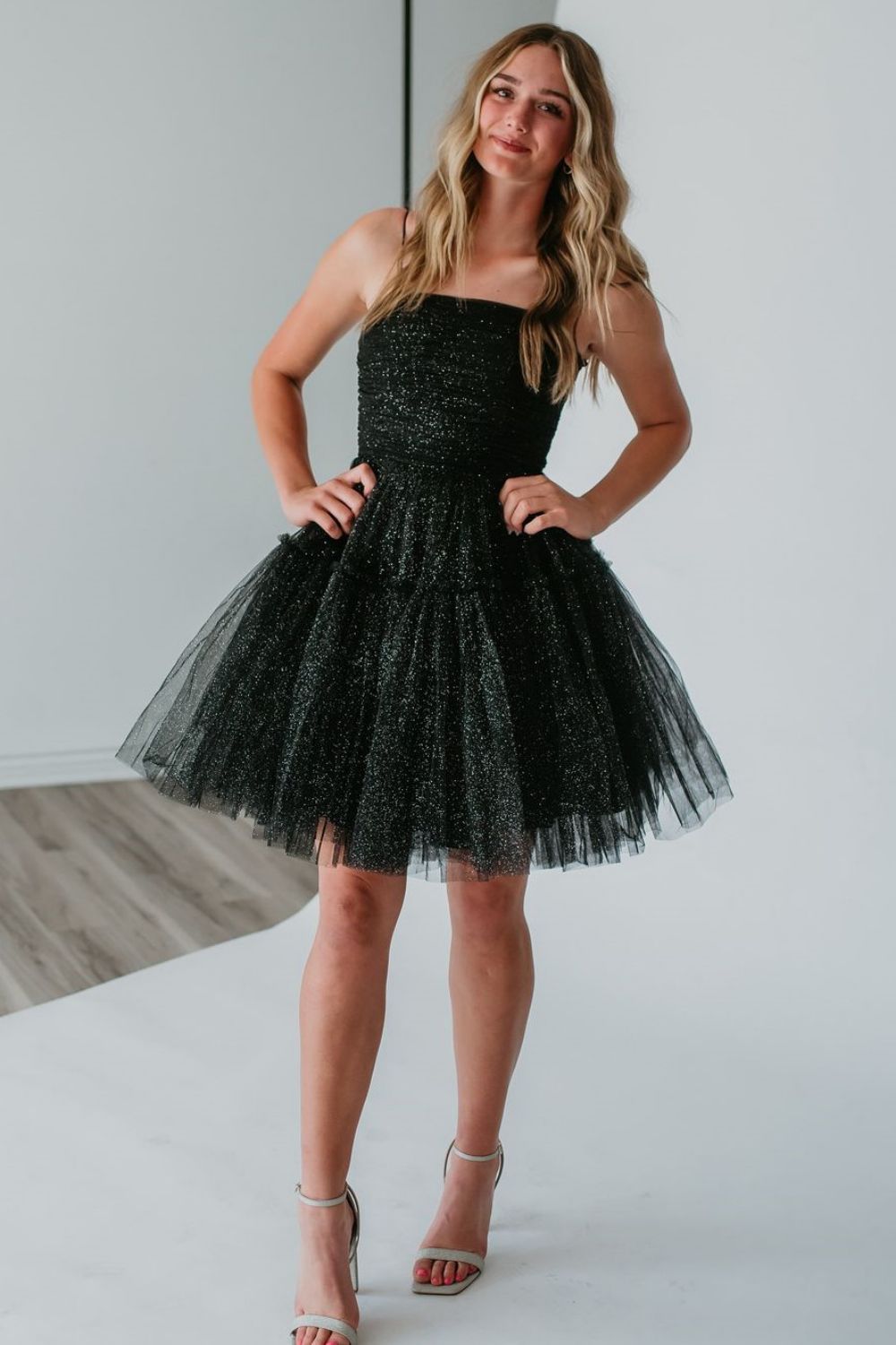 Glitter Black A-Line Spaghetti Straps Lace Up Short Tulle Homecoming Dress - Fashionpara