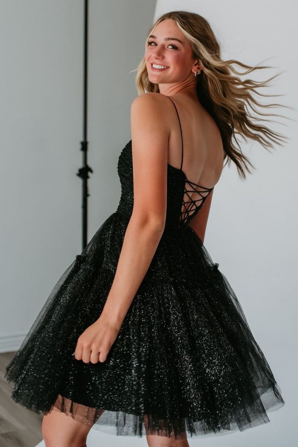 Glitter Black A-Line Spaghetti Straps Lace Up Short Tulle Homecoming Dress - Fashionpara