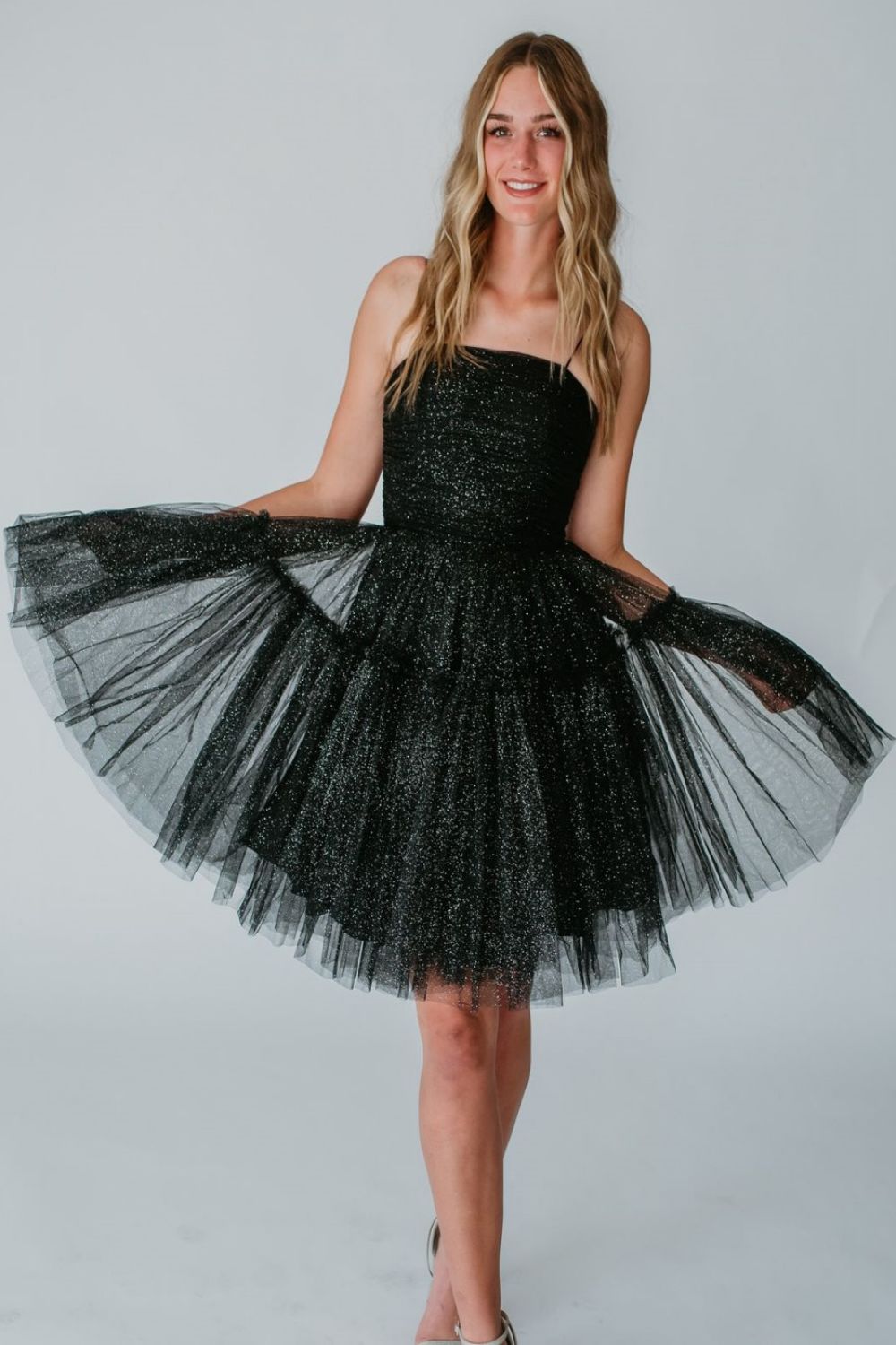 Glitter Black A-Line Spaghetti Straps Lace Up Short Tulle Homecoming Dress - Fashionpara
