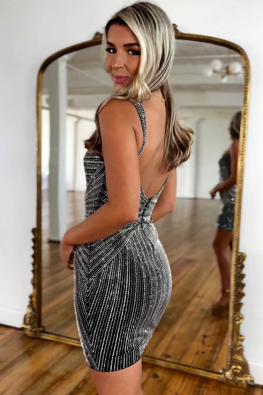 Glitter Black Bodycon Straps Short Tight Beaded Homecoming Dress - Fashionpara