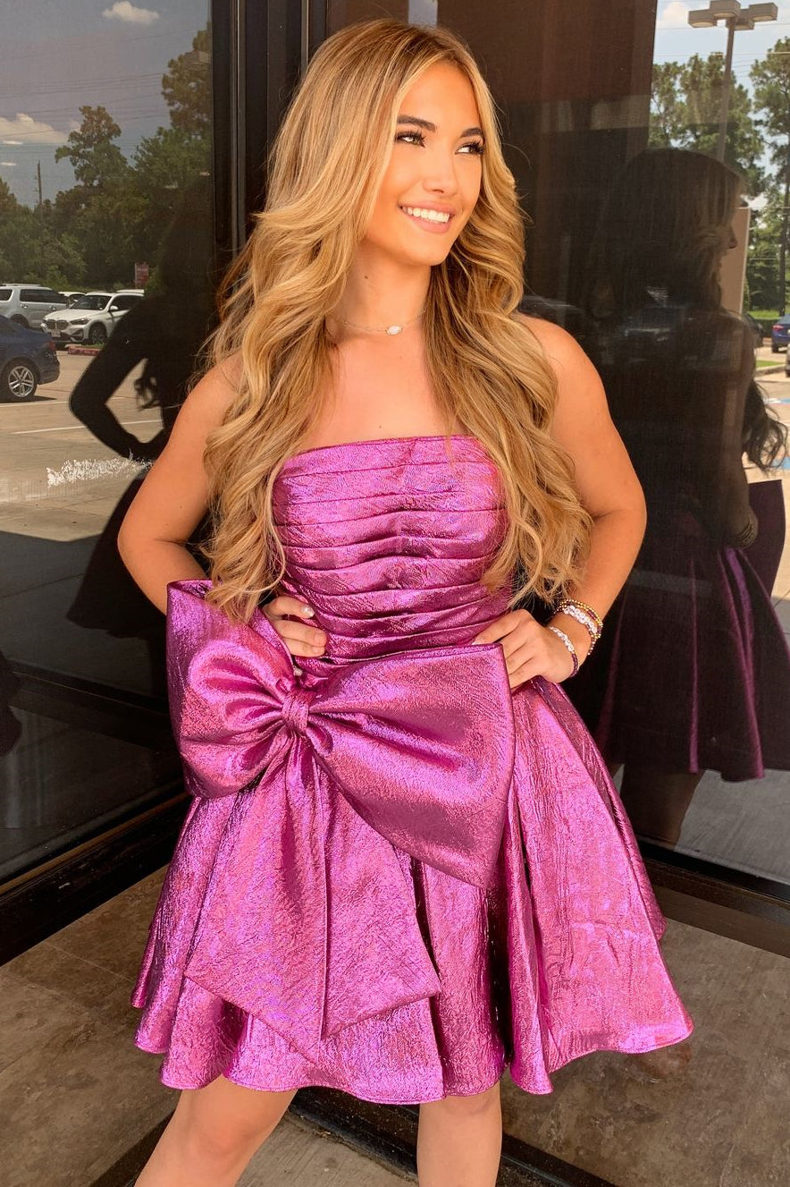 Glitter Pink A-Line Strapless Short Pleaded Homecoming Dress With Bowknot - Fashionpara