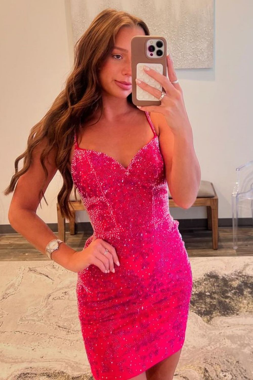 Glitter Hot Pink Bodycon Spaghetti Straps Short Homecoming Dress with Beading - Fashionpara