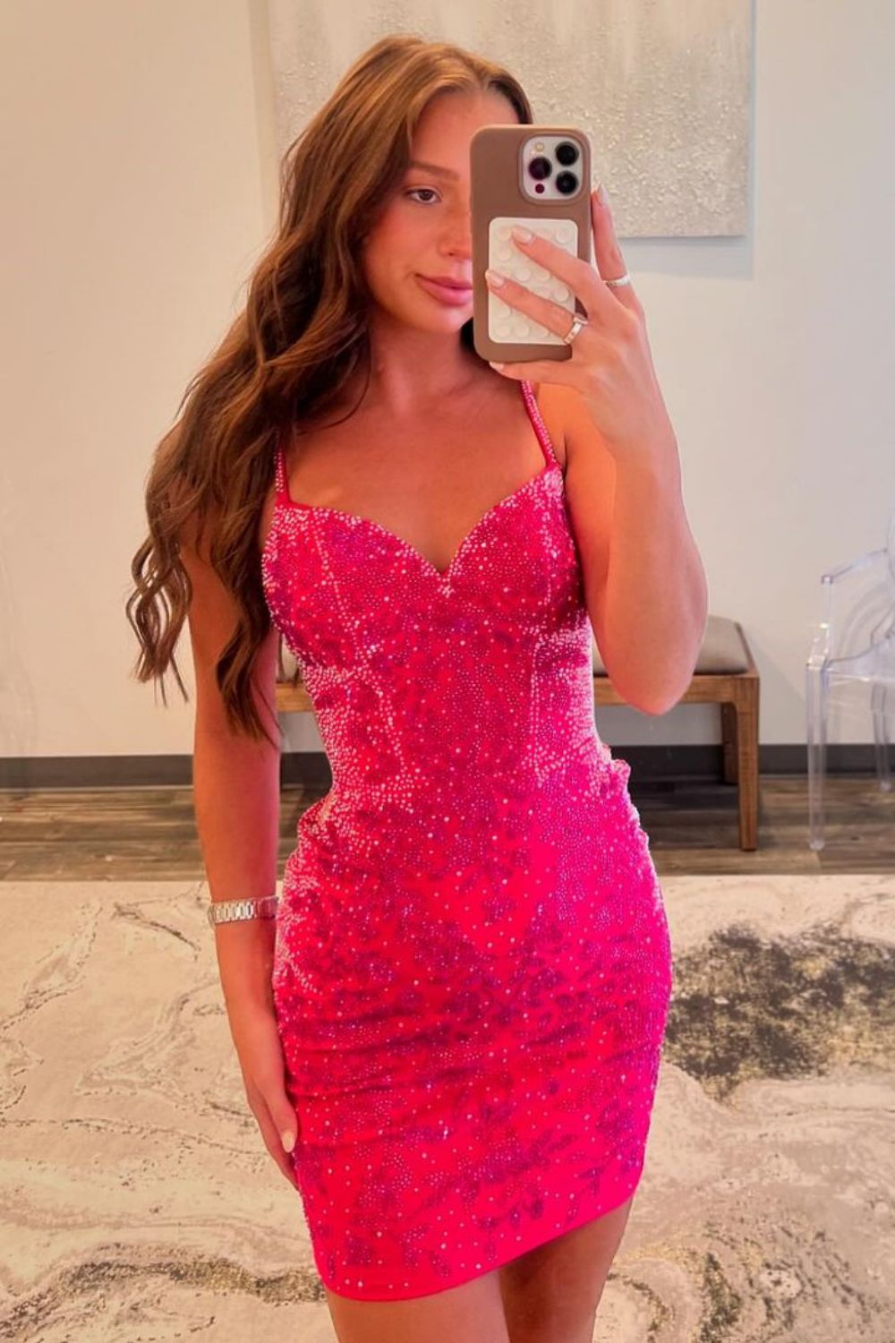 Glitter Hot Pink Bodycon Spaghetti Straps Short Homecoming Dress with Beading - Fashionpara