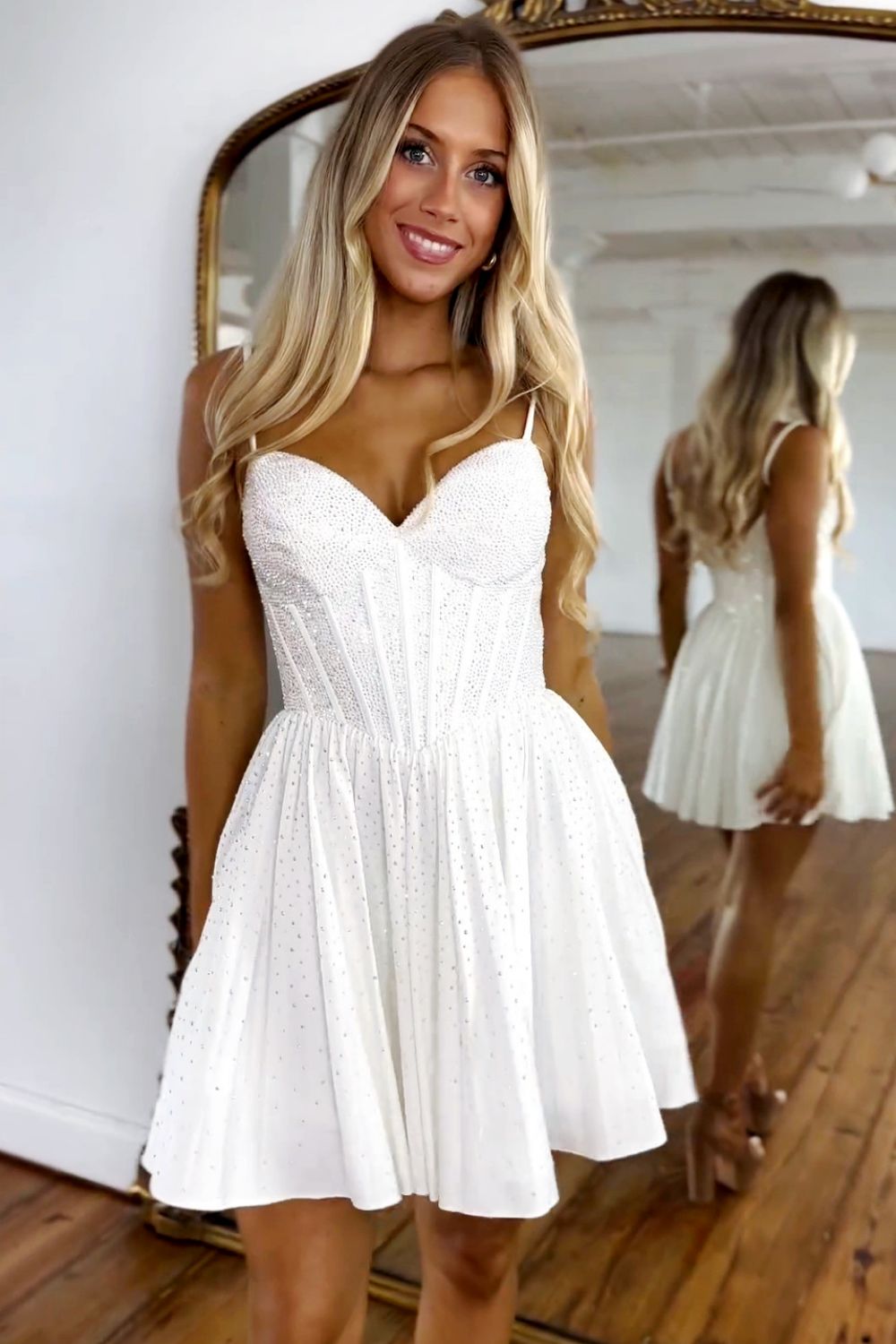 Glitter White A-Line Spaghetti Straps Short Beaded Homecoming Dress - Fashionpara
