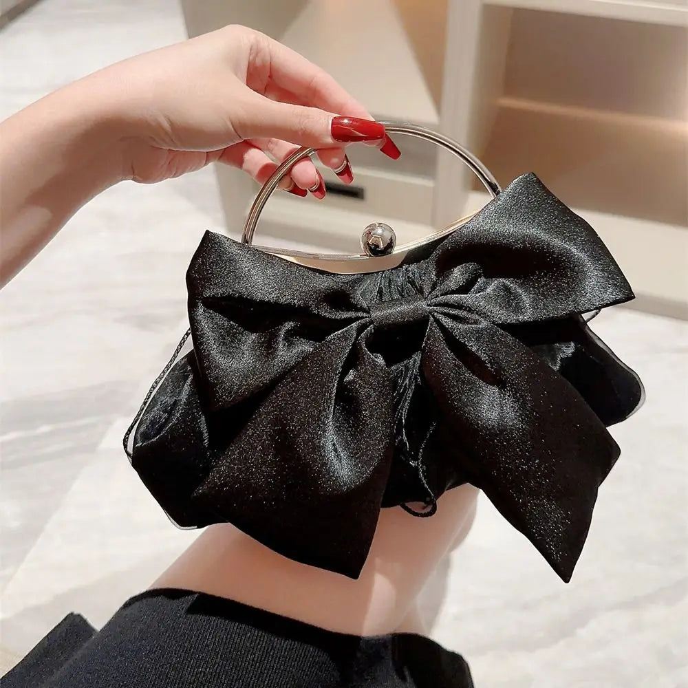 Gold Silk Bowknot Evening Bag Women Elegant Banquet Shoulder Handbag