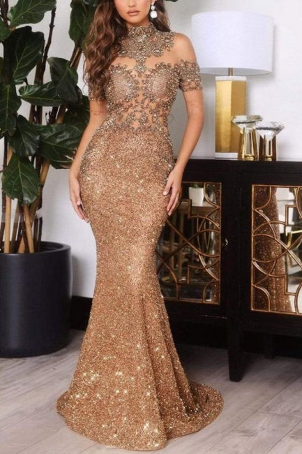 Great Gold Off The Shoulder Sparkle Mermaid Prom Dress with Beadings - Fashionpara