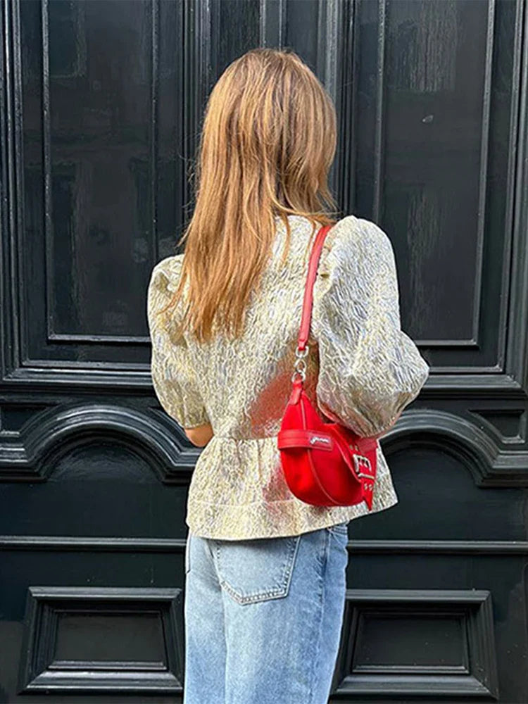 Shimmer Lace-Up Bow Puffy Sleeve Short Blouse