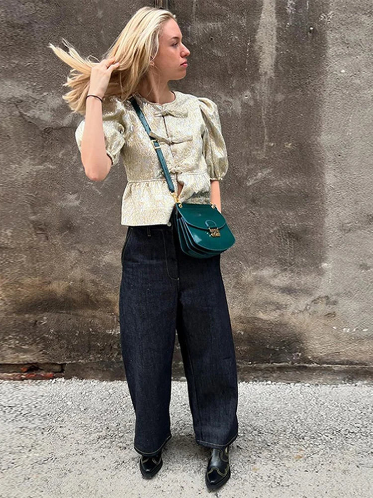 Shimmer Lace-Up Bow Puffy Sleeve Short Blouse