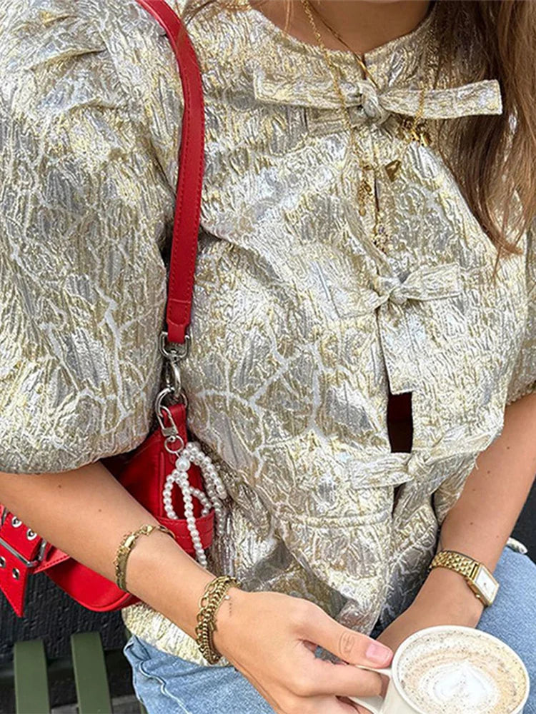Shimmer Lace-Up Bow Puffy Sleeve Short Blouse