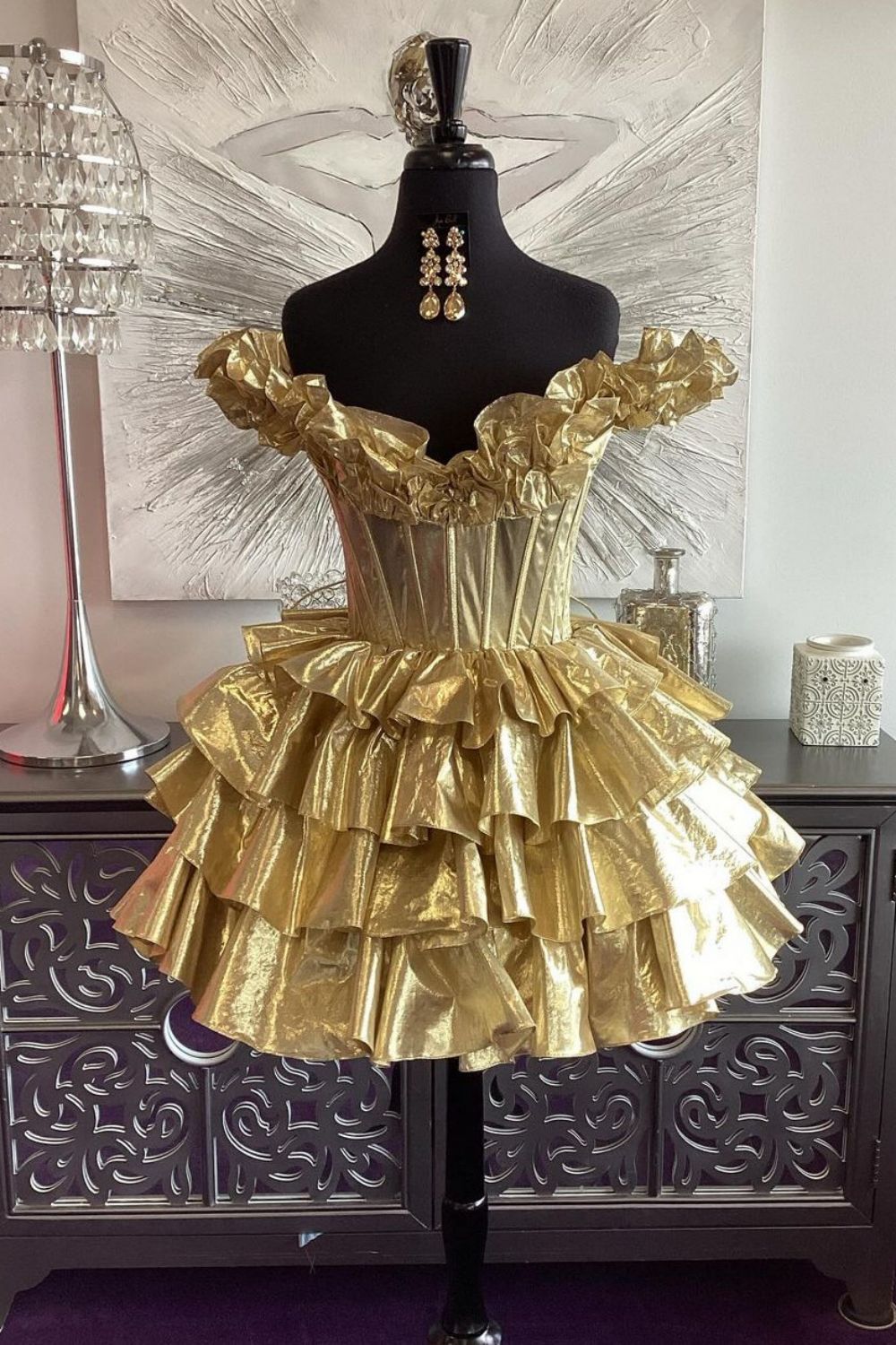 Gold A-Line Off The Shoulder Lace Up Short Tiered Metallic Homecoming Dress - Fashionpara