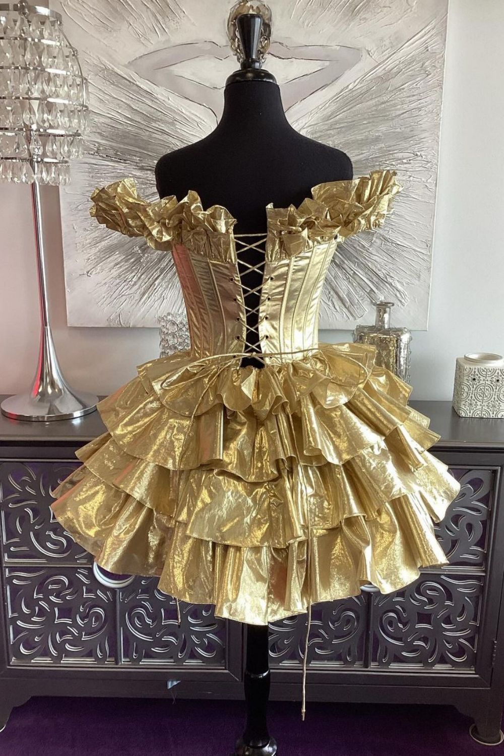 Gold A-Line Off The Shoulder Lace Up Short Tiered Metallic Homecoming Dress - Fashionpara