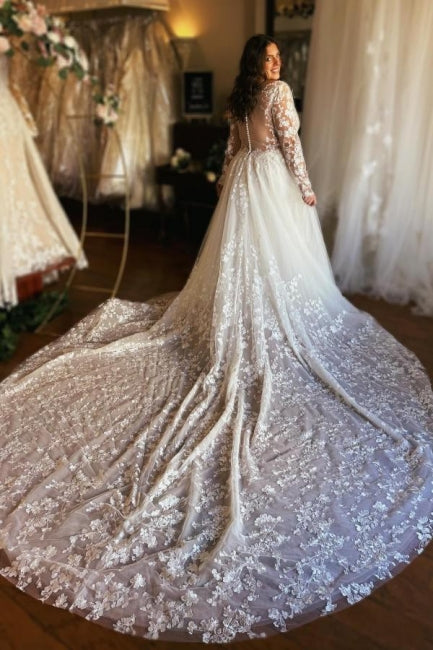 Gorgeous Long A-line V-neck Long Sleeve Lacy Wedding Gown with Dramatic Train - Fashionpara
