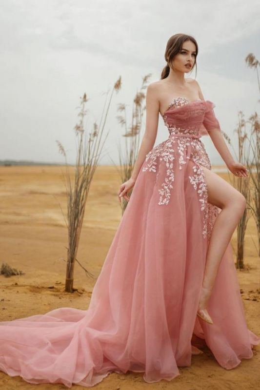 Gorgeous Sweetehart Sequins Appliques Prom Evening Dresses Long With Slit