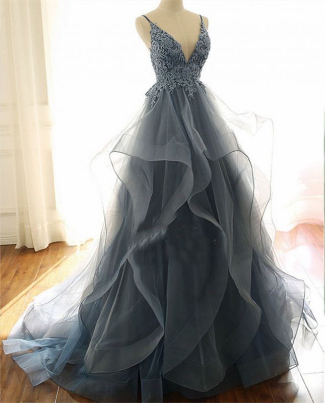 Gorgeous V Neck Spaghetti Straps Dark Blue Prom Evening Dresses With Ruffles