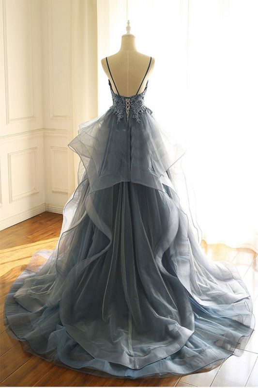 Gorgeous V Neck Spaghetti Straps Dark Blue Prom Evening Dresses With Ruffles
