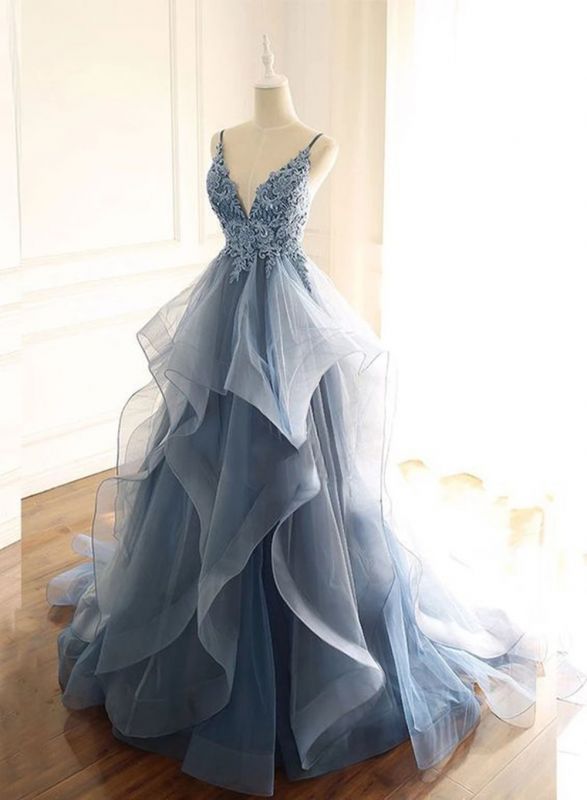 Gorgeous V Neck Spaghetti Straps Dark Blue Prom Evening Dresses With Ruffles