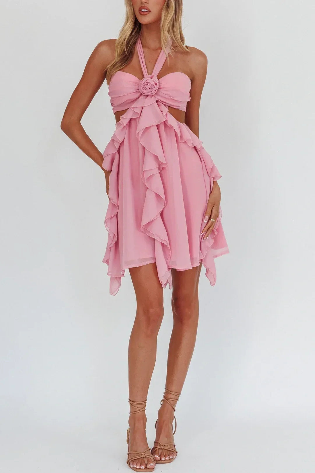 Gorgeous A Line Halter Neck Pink Short Homecoming Dress with Ruffles