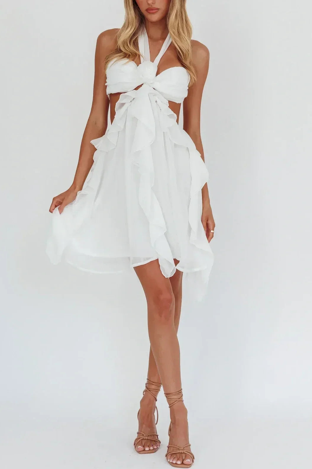 Gorgeous A Line Halter Neck Pink Short Homecoming Dress with Ruffles