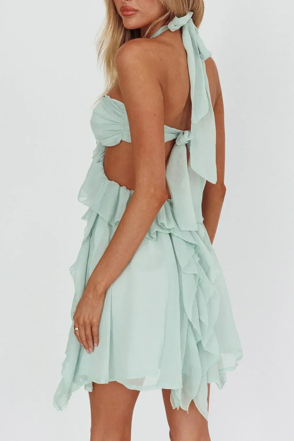 Gorgeous A Line Halter Neck Pink Short Homecoming Dress with Ruffles