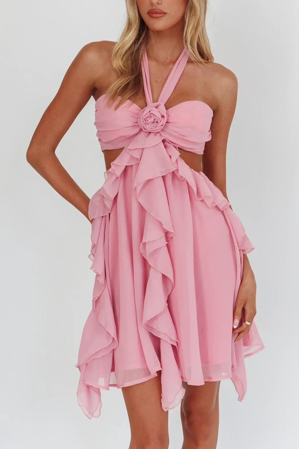 Gorgeous A Line Halter Neck Pink Short Homecoming Dress with Ruffles