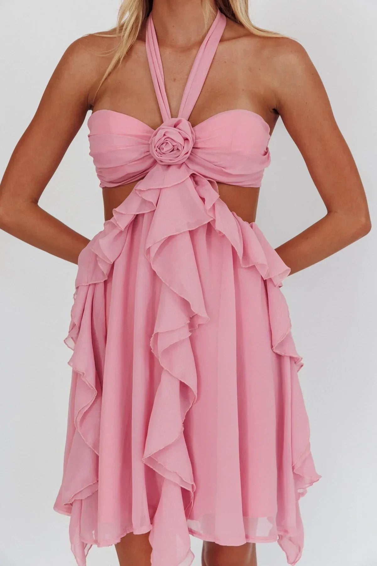 Gorgeous A Line Halter Neck Pink Short Homecoming Dress with Ruffles