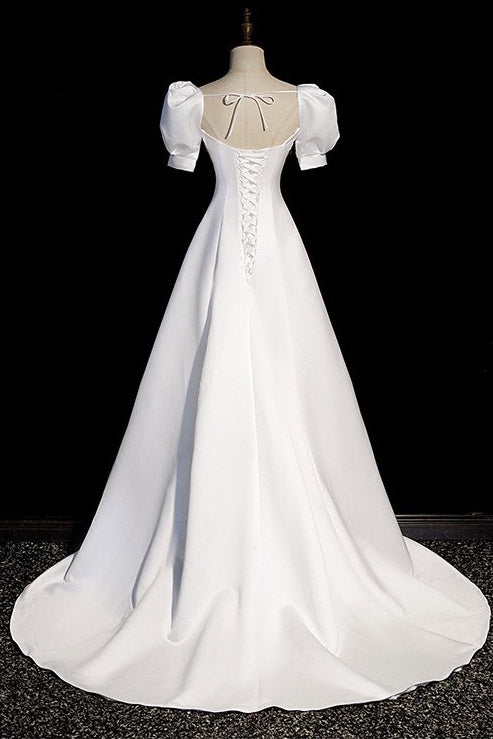 Satin Square Neck Puff Sleeve Ruched A-Line Gown