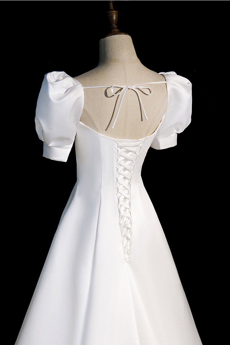 Satin Square Neck Puff Sleeve Ruched A-Line Gown