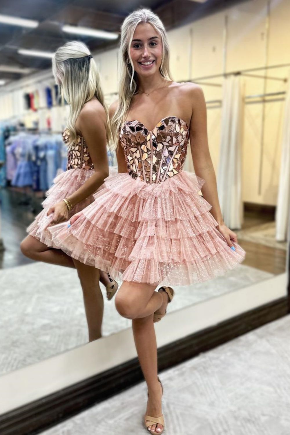 Gorgeous A-Line Sweetheart Short Tiered Tulle Homecoming Dress with Mirror - Fashionpara