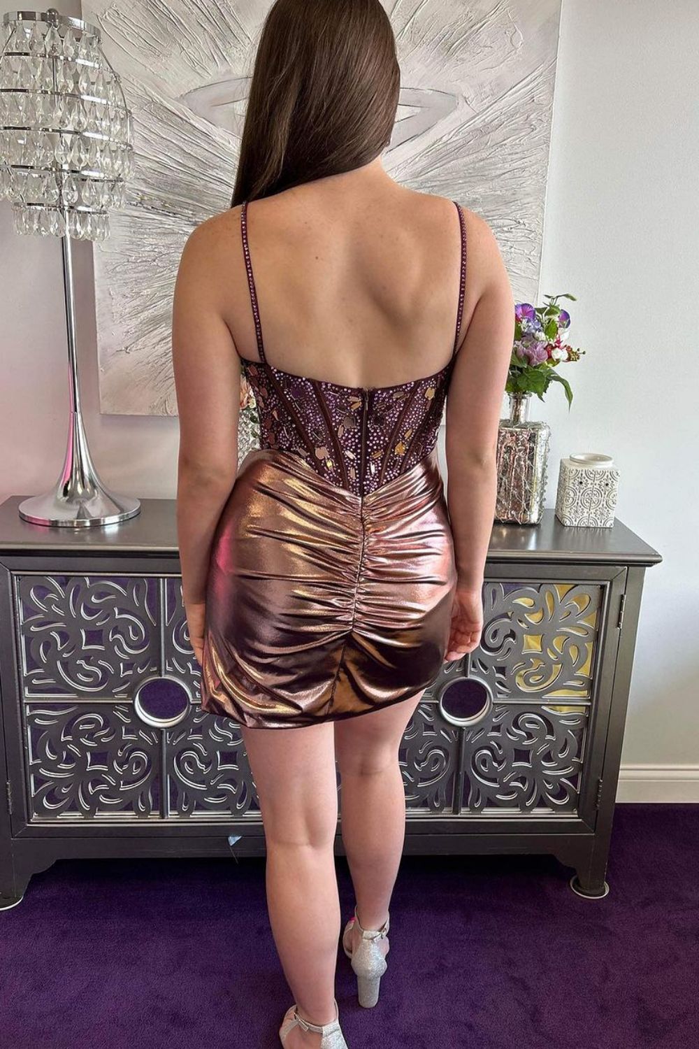 Gorgeous Rose Gold Spaghetti Straps Short Sparkly Homecoming Dress - Fashionpara
