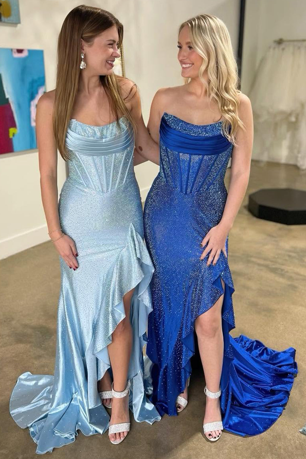 Light Blue Mermaid Strapless Lace Up Long Beaded Prom Dress with Leg Slit - Fashionpara