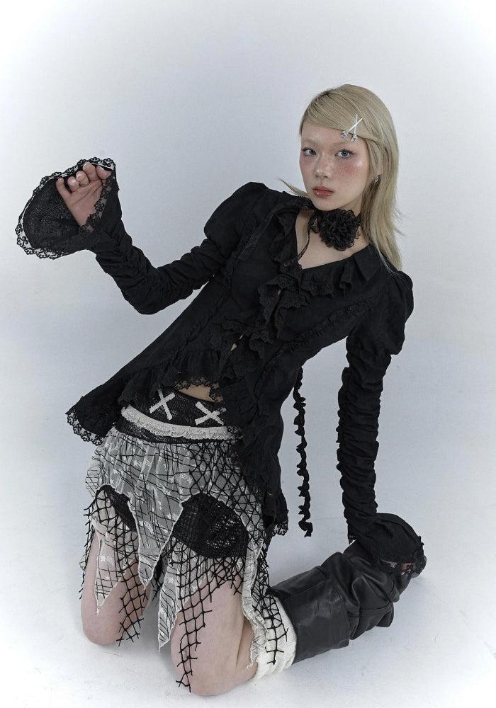 Goth Asymmetric Ruched Sleeve Blouse - Fashionpara
