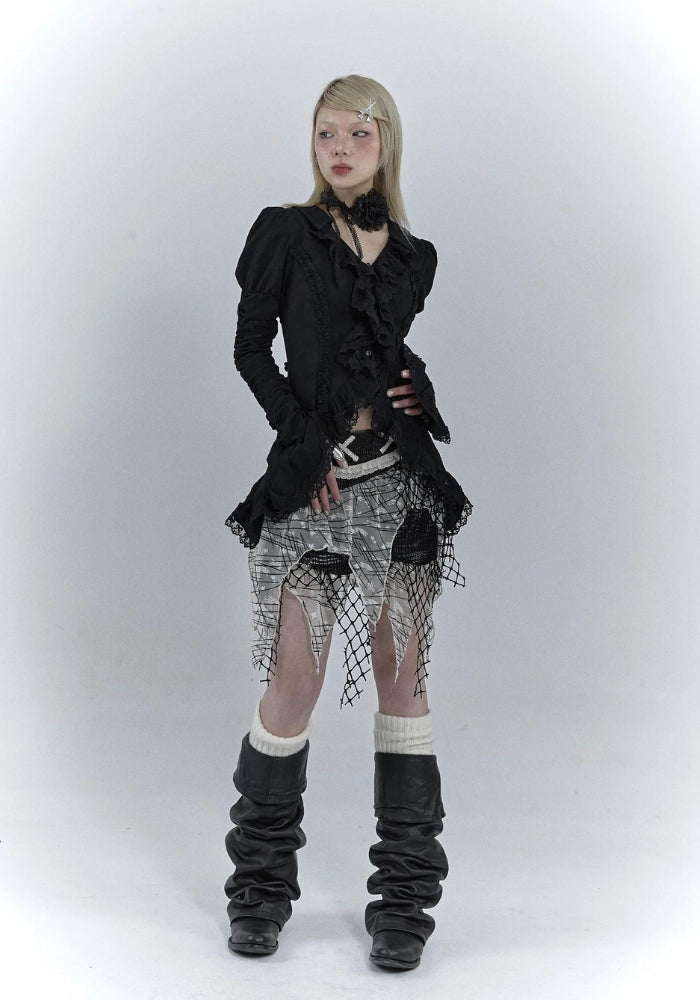 Goth Asymmetric Ruched Sleeve Blouse - Fashionpara