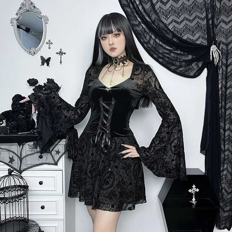 Velvet Corset Lace Up Lace Bell Sleeve A-Line Mini Dress