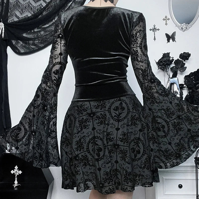 Velvet Corset Lace Up Lace Bell Sleeve A-Line Mini Dress - View 6