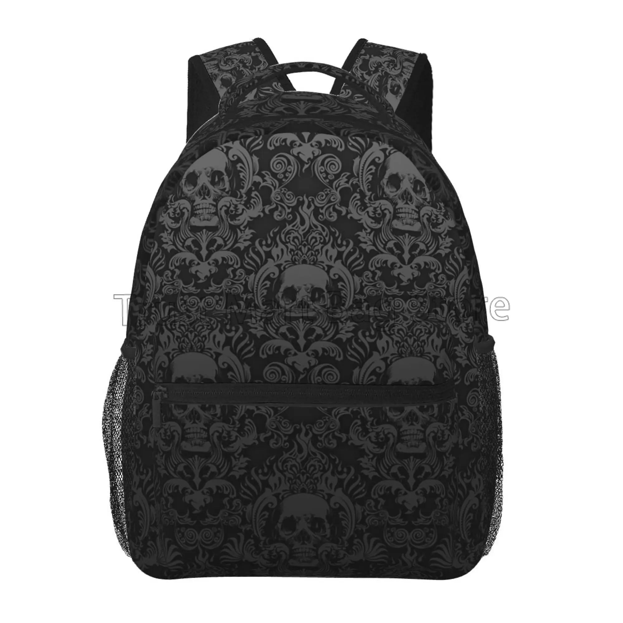Goth Black Skull Damask Pattern Casual Unisex Travel Daypack Bag Halloween