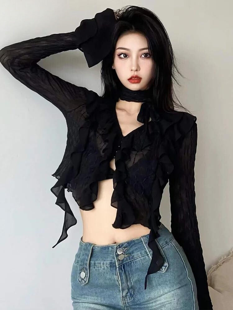 Goth Sheer Ruffled Blouse - Fashionpara
