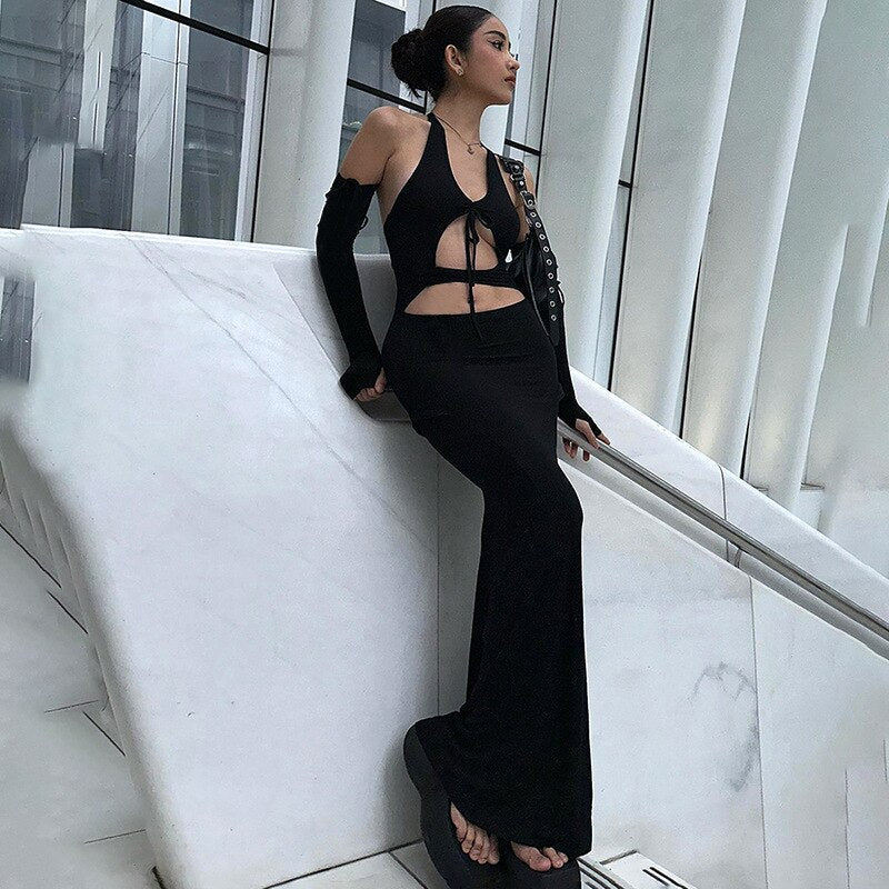 Gothic Halter Keyhole Cutout Fishtail Maxi Dress 3