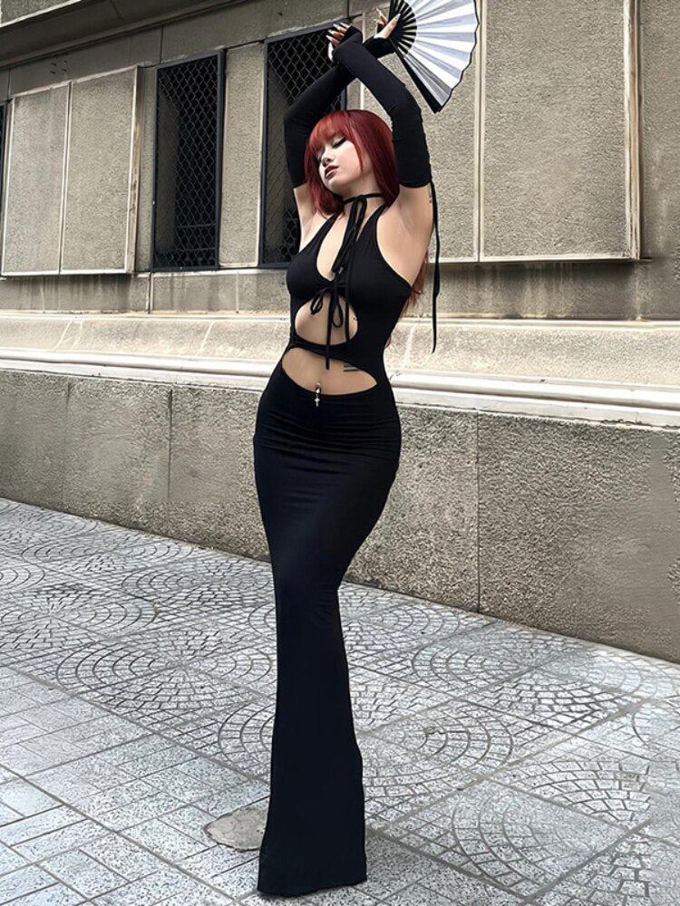 Gothic Halter Keyhole Cutout Fishtail Maxi Dress 2